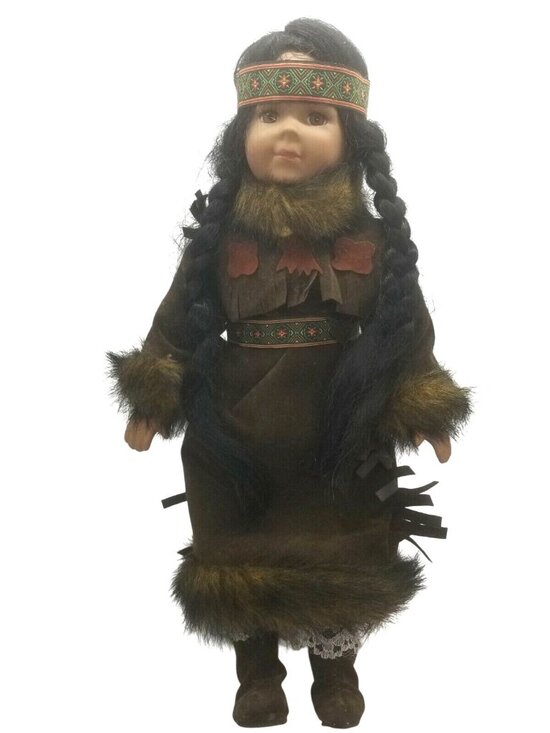 Native American Porcelain Doll Fur Lined Clothes Pantaloons Headband Wood Beads - Picture 1 of 9